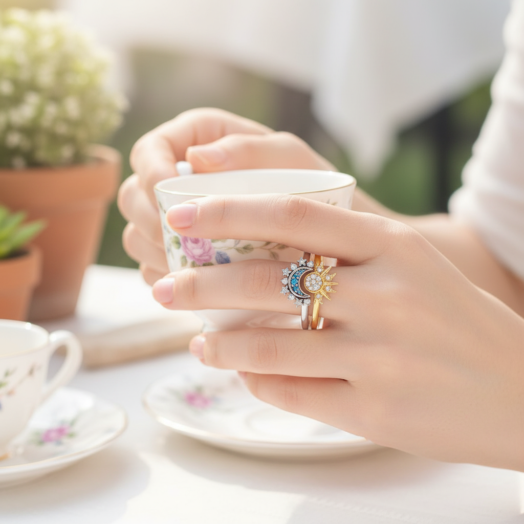 Damen Sterlingsilberring mit glänzendem Sonne & Mond Design, eleganter Kristallbesatz.