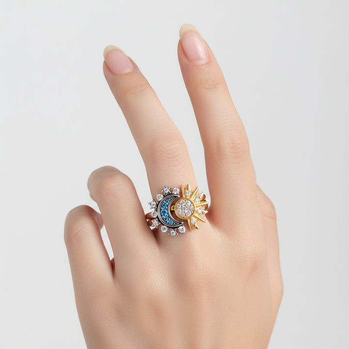 Eleganter Damensilberring, 925 Sterlingsilber, Sonne-Mond-Motiv, funkelnde Kristalle.