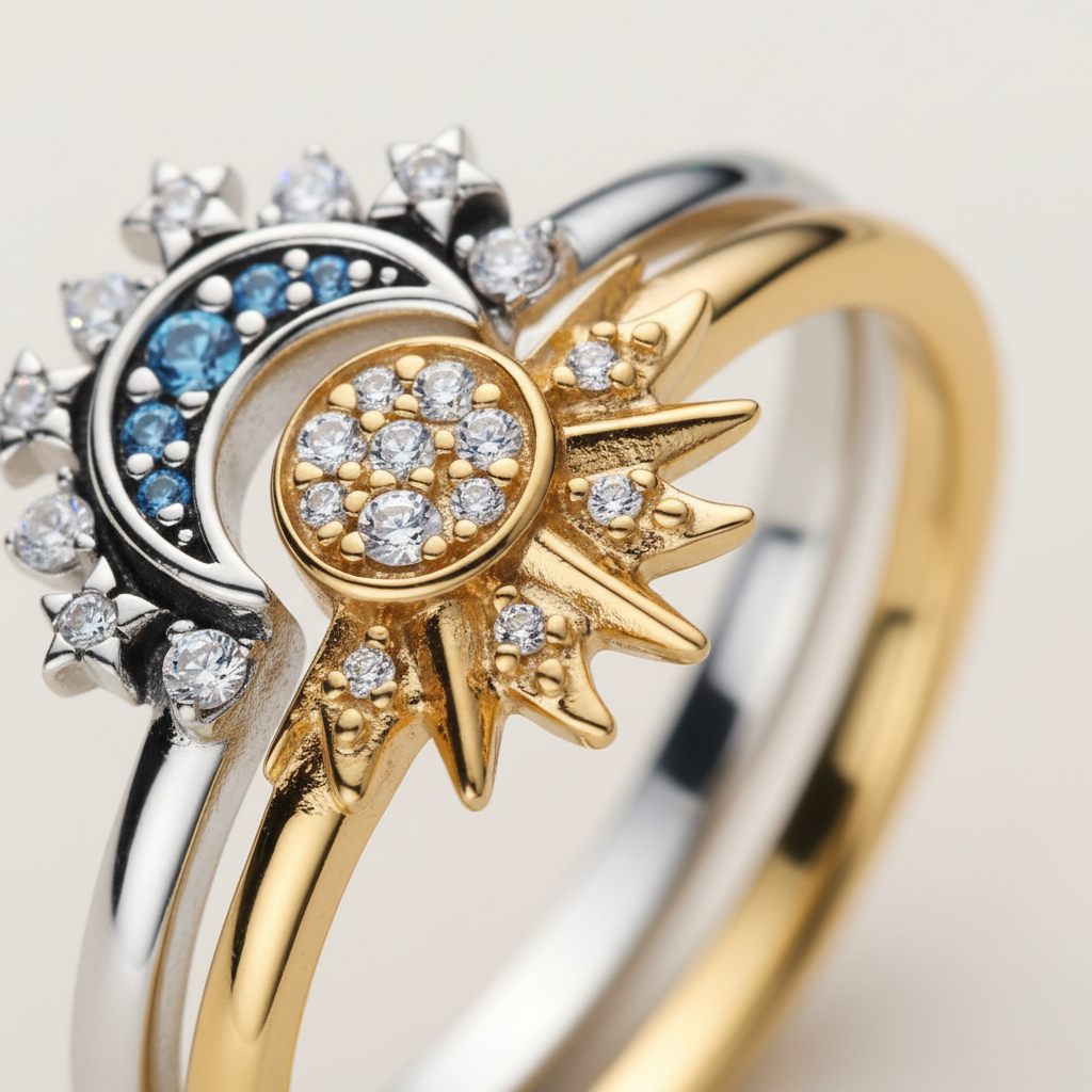 Glänzender Sterlingsilberring für Damen mit filigranem Sonne & Mond Motiv und Kristallen.
