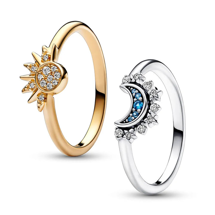 Hochwertiger Damenschmuck: Sterlingsilberring, Sonne-Mond-Muster, funkelnder Kristallschmuck.