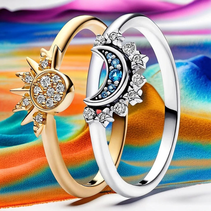 Exklusiver Damenring aus Sterlingsilber, Sonne & Mond Design mit zarten Kristalldetails.
