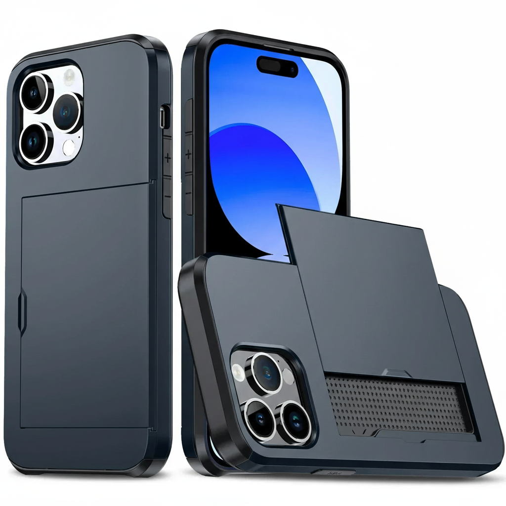 Schwarze stoßfeste CardaShield TPU Polycarbonat Schutzhülle mit Kartenfach für Smartphones.