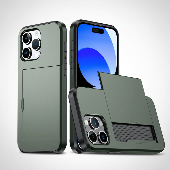 Elegante silberne CardaShield Schutzhülle mit Kartenfach, stoßfest, TPU/Polycarbonat, für Smartphones.