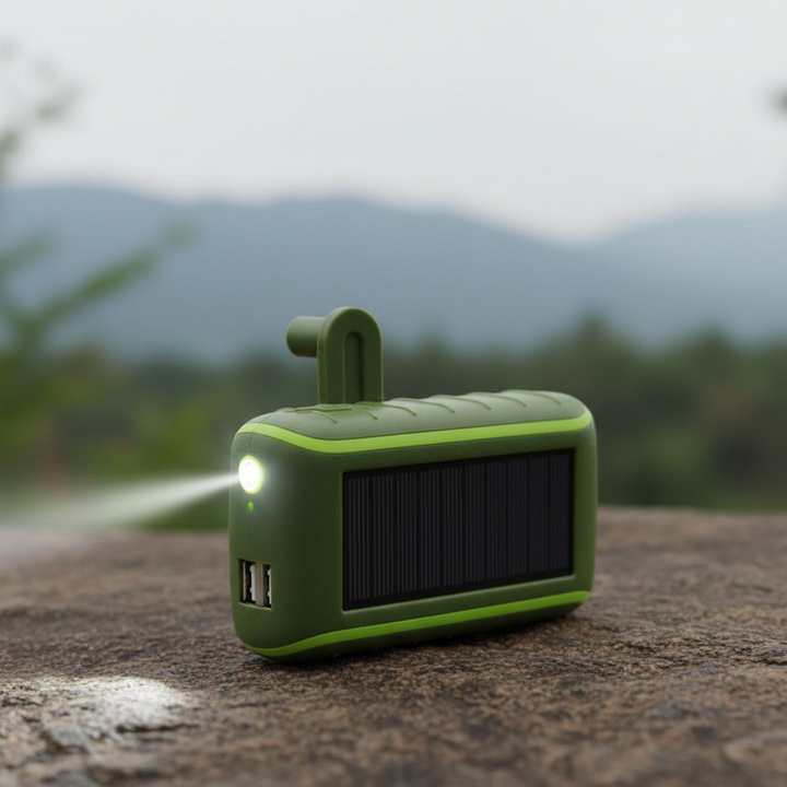 Robuste Outdoor Powerbank CampSpark mit Solarpanel und Kurbel für Notfälle beim Camping oder Wandern.