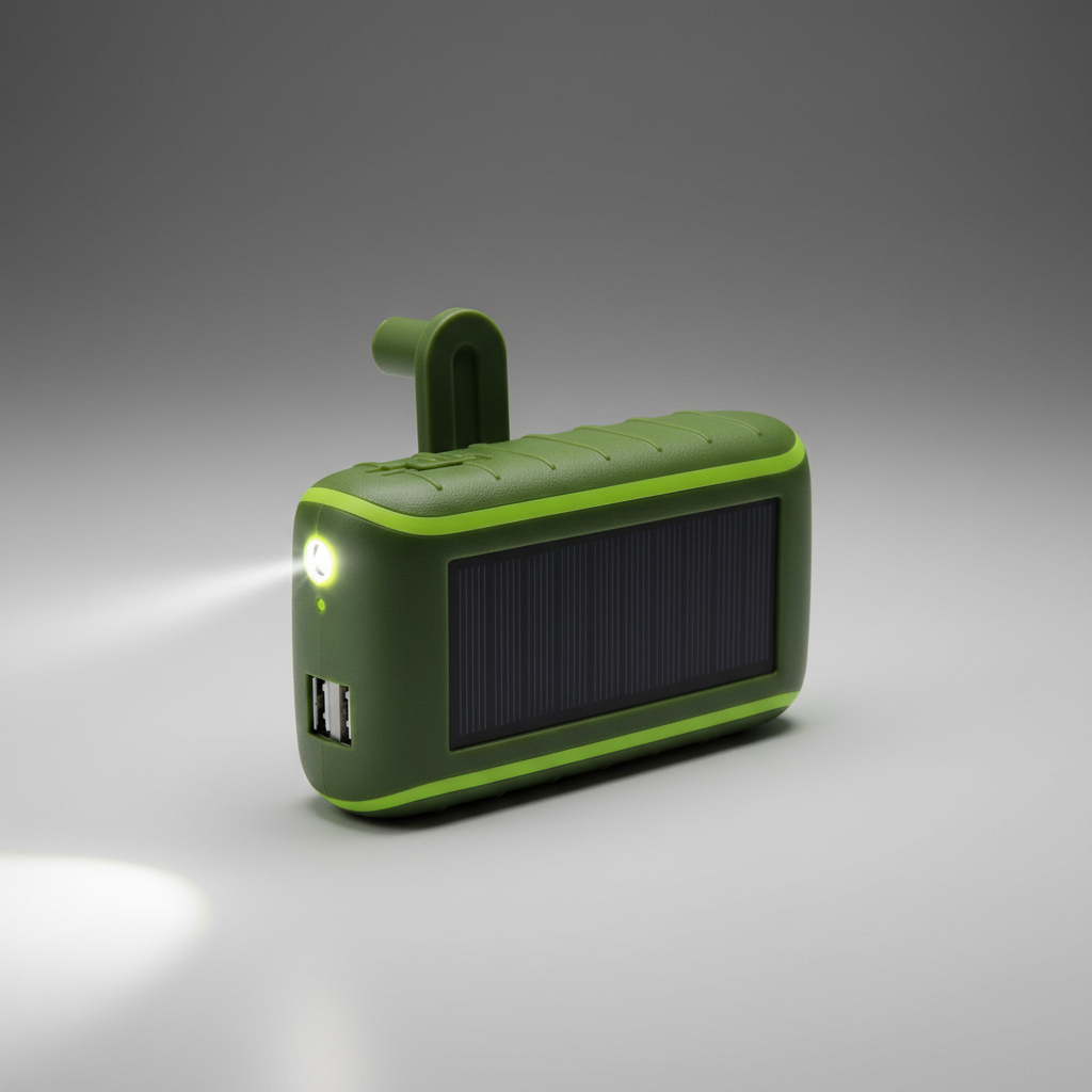 Notfall-Ladegerät: Stoßfeste CampSpark Powerbank mit Solar- & Kurbelfunktion für zuverlässige Energie unterwegs.