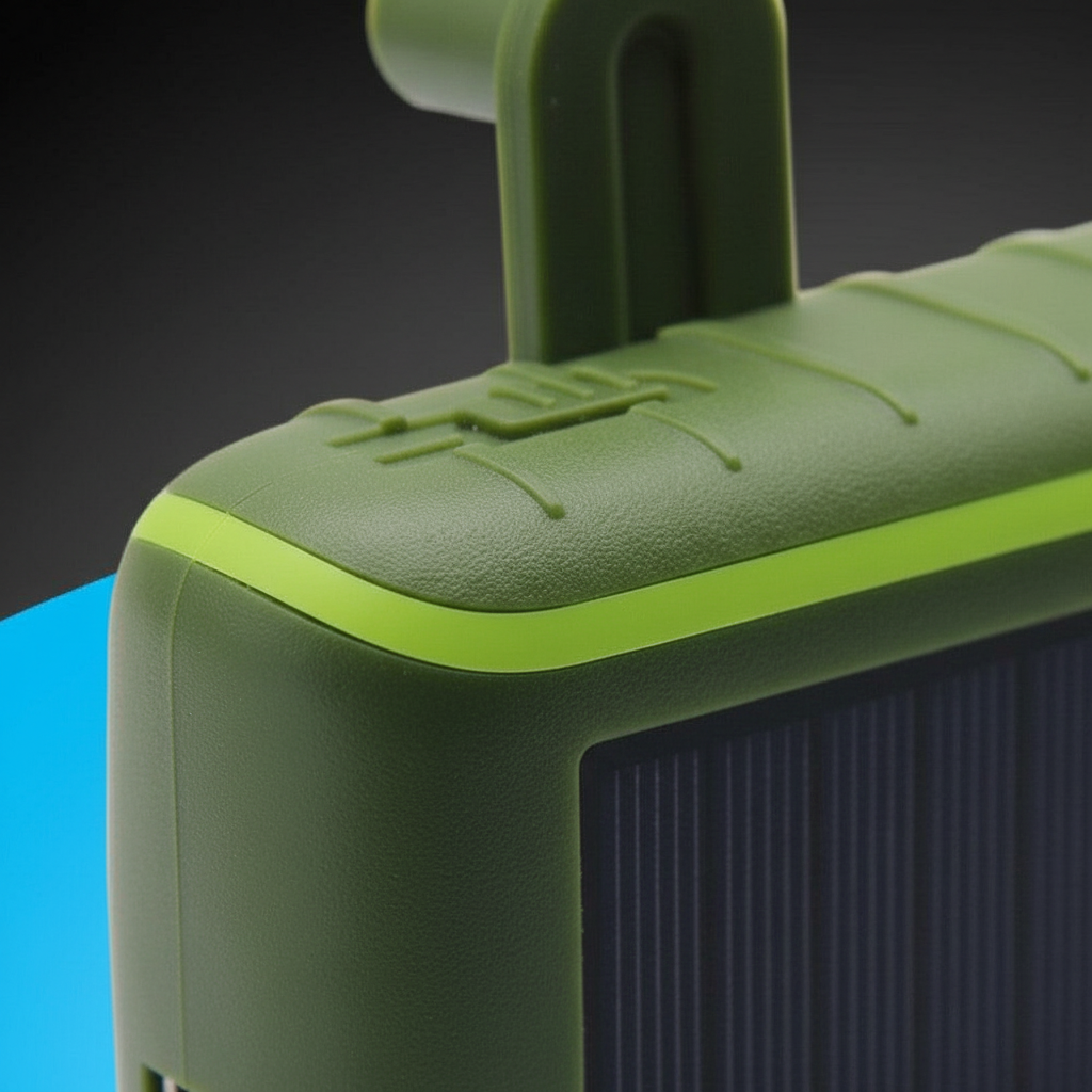 Kompakte Outdoor Powerbank mit Solar & Kurbel, ideal für Reisen, Camping und Notfälle, lädt Smartphones.