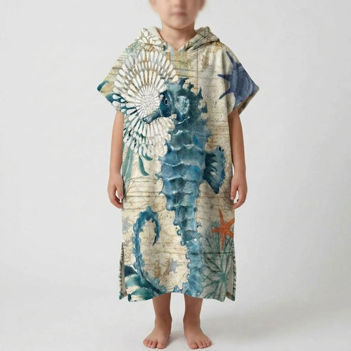 Komfortabler Strandponcho mit Kapuze, maritim, schnelltrocknend, für Erwachsene & Kinder am Strand.