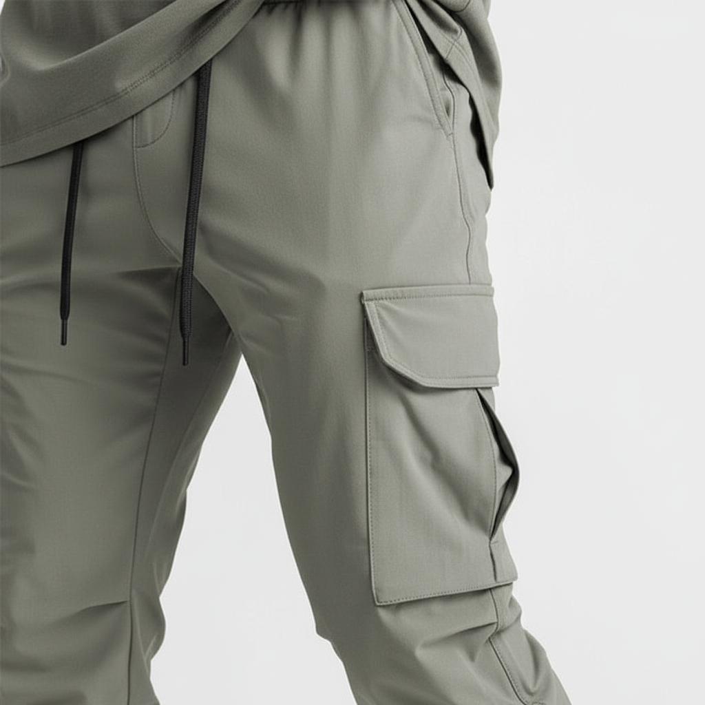 Bequeme Francis Herren Stretchhose in Schwarz mit elastischem Bund und praktischen Cargo-Taschen.