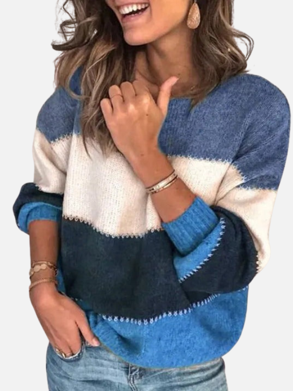 Damen gestreifter Rundhals-Pullover, langarm. Bequeme Herbstmode für Frauen, stilvolles Freizeit-Oberteil.