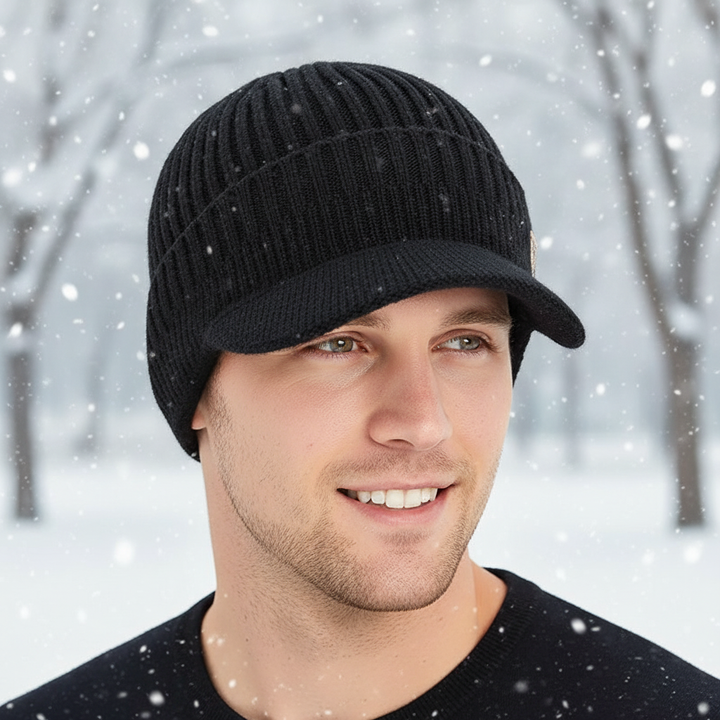 Unisex Strickmütze mit Ohrenklappen, schwarz. Warme Wintermütze für Kälteschutz und Outdoor-Aktivitäten.