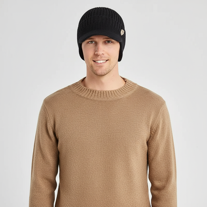 Stylische Unisex Strickmütze mit Ohrenklappen in Grau. Perfekte Kopfbedeckung für Winteraccessoires.