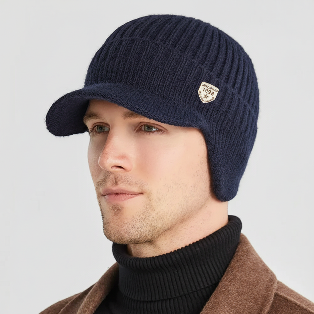 Graue Strickmütze mit Ohrenklappen. Funktionale Wintermütze für optimalen Kälteschutz.