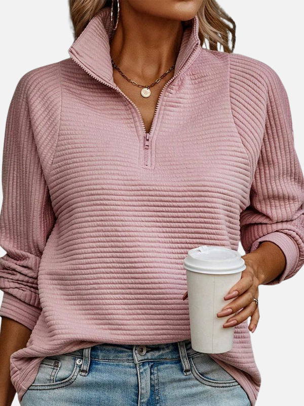 Damen Half-Zip-Pullover mit strukturiertem Muster, Kragen und langen Ärmeln für bequeme Freizeit.