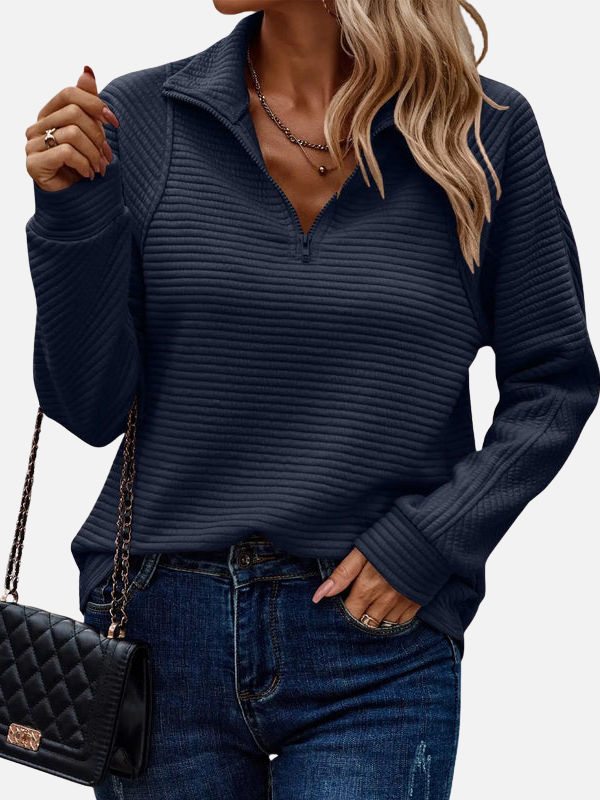 Modischer Damen Half-Zip-Pullover, strukturiert. Vielseitiges Langarm-Oberteil mit Kragen für Freizeit.