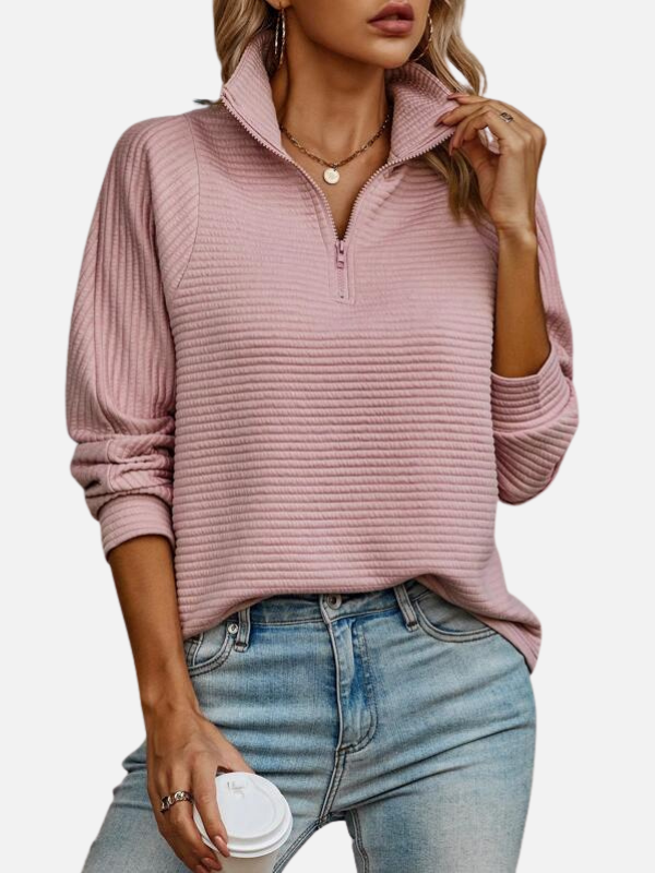 Strukturierter Damen Half-Zip-Pullover mit Kragen. Weiches Langarm-Oberteil, ideal für Komfort & Mode.