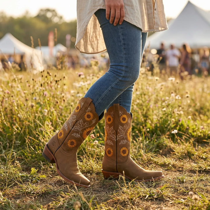 Elegante Damen Westernstiefel Yvette mit stilvoller Sonnenblumen-Stickerei, spitzer Zehe & Blockabsatz für Boho-Look.