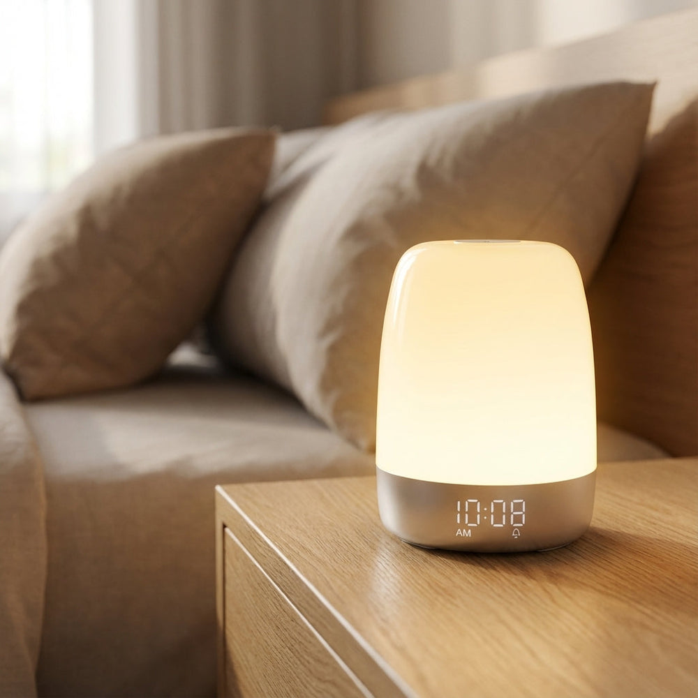 Lichtwecker mit Sonnenaufgangssimulation und natürlichem Klang für entspanntes Erwachen. Auch als Schlafzimmerlampe.