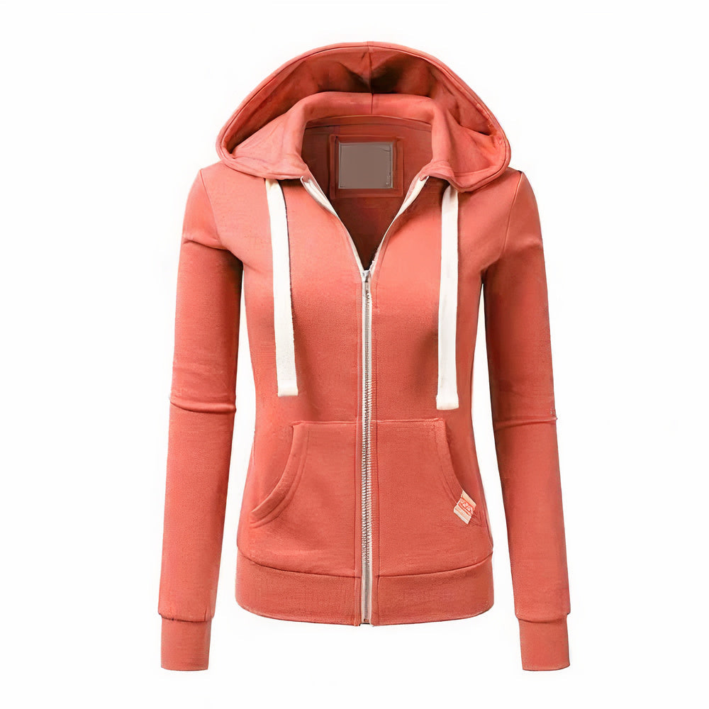 Model trägt hellblaue, schlanke Damen Kapuzenjacke, perfekt als Freizeit-Pullover für den Herbst.