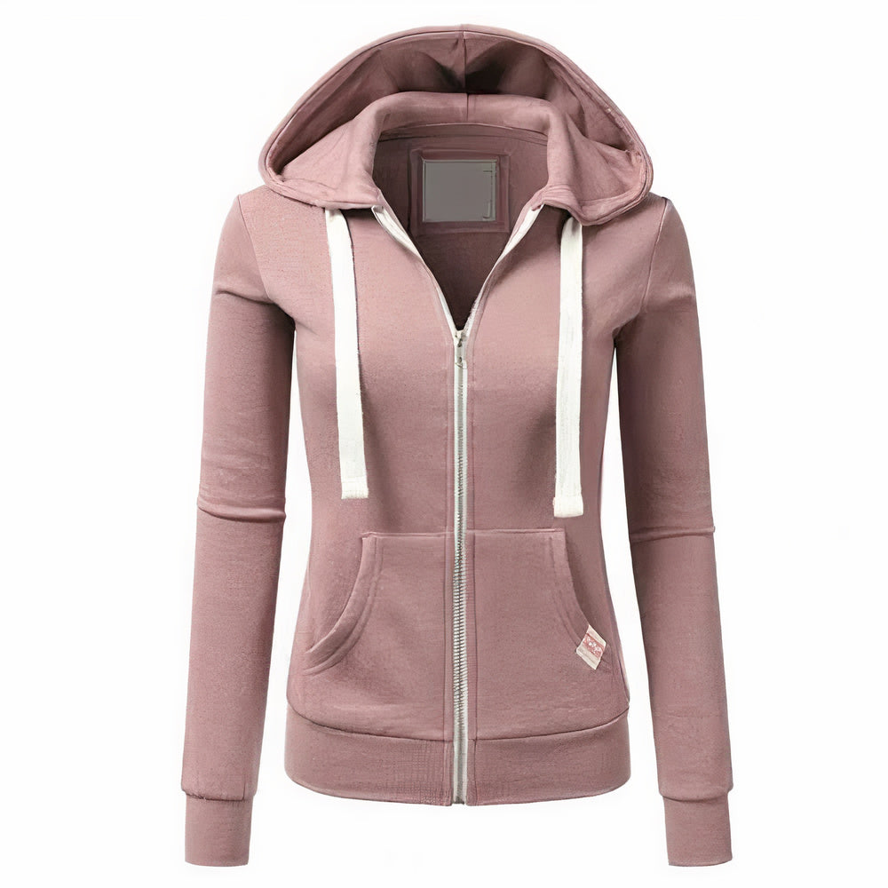 Rückansicht der vielseitigen hellblauen Damen Kapuzenjacke, bequemer Alltags-Pullover.