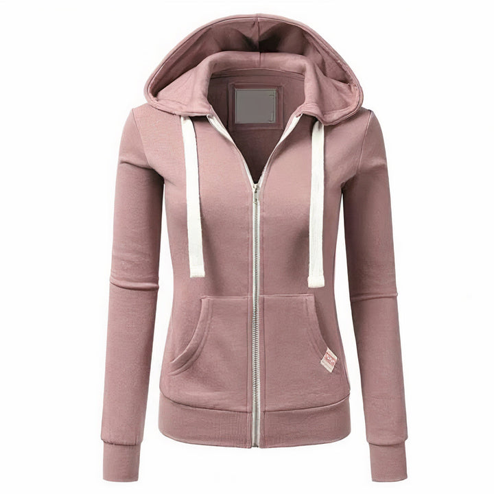 Rückansicht der vielseitigen hellblauen Damen Kapuzenjacke, bequemer Alltags-Pullover.