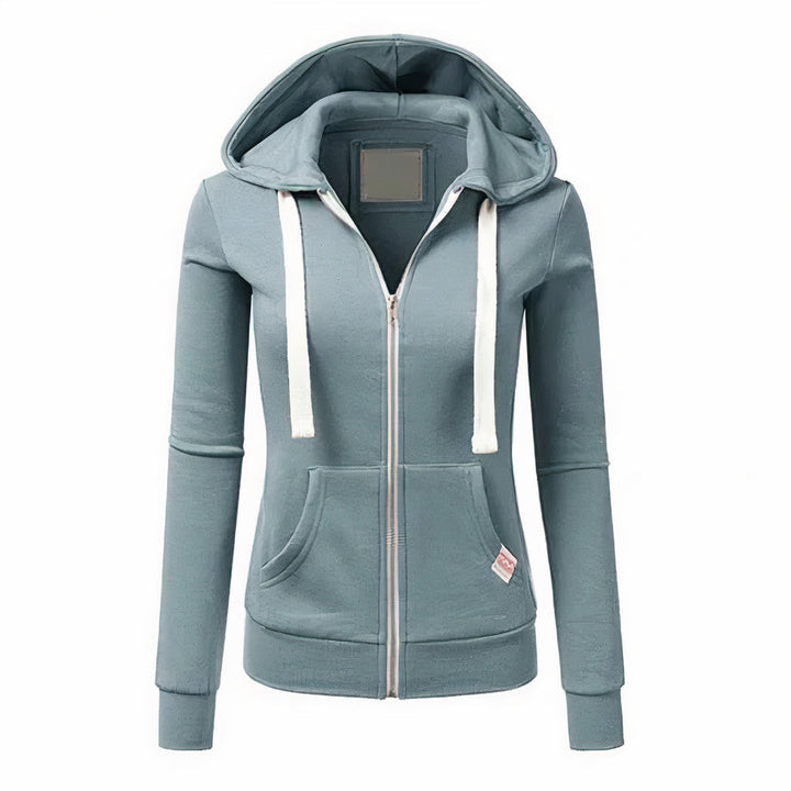 Damen hellblaue Kapuzenjacke mit Reißverschluss, schlanker Schnitt, ideal für Alltag & Freizeit.