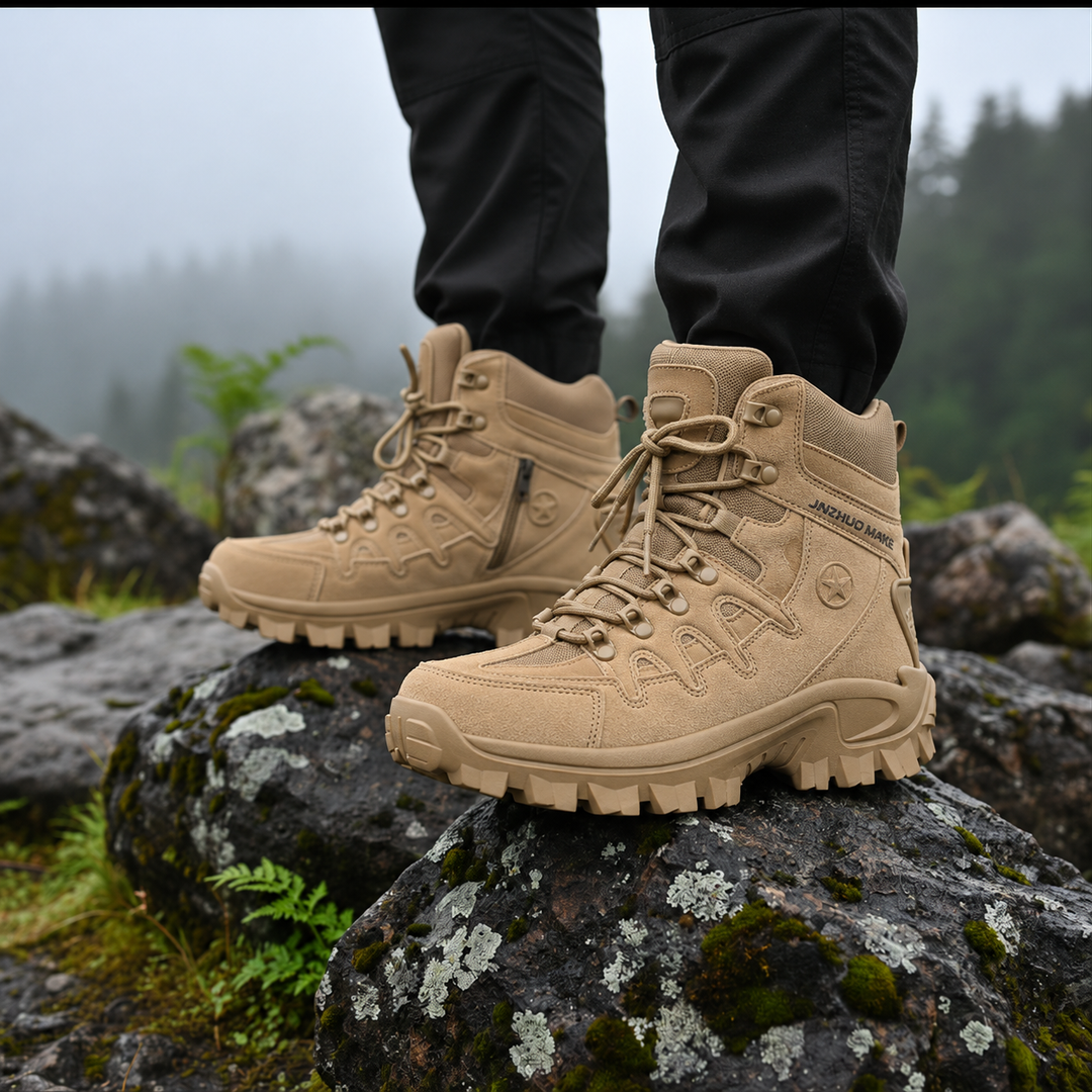Unisex Trekking-Wanderstiefel in Grau-Braun, robust, wasserdicht und orthopädisch für Damen- und Herrenfüße.