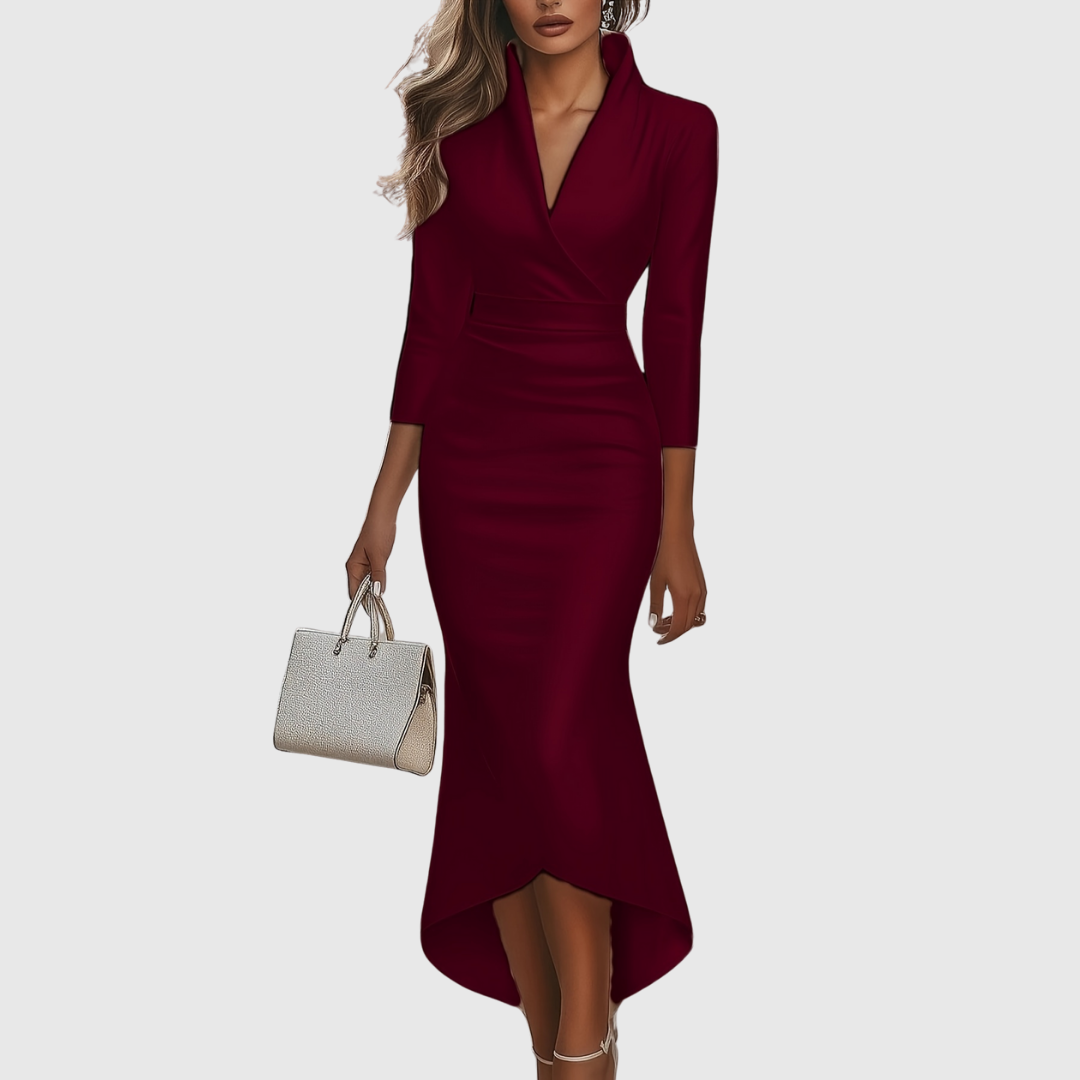 Formelles Damen Wickel-Midi-Kleid in Rot, ideal als Cocktailkleid oder Partykleid für besondere Anlässe.