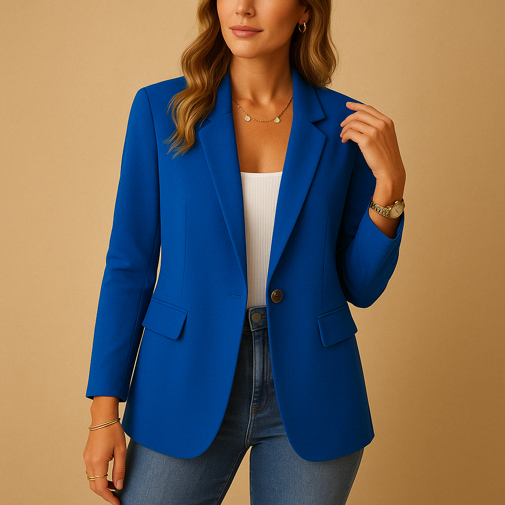 Vorderansicht des eleganten Damen Blazers mit Kerbkragen, ideal für den professionellen Auftritt.
