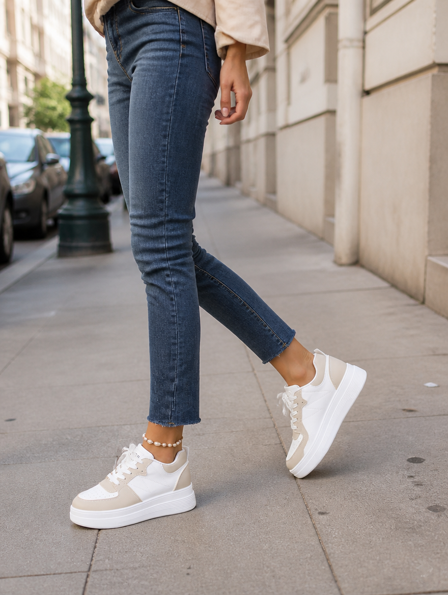 Seitenansicht der Damen Plateausneaker; modische erhöhte Sohle für extra Höhe & Komfort den ganzen Tag.