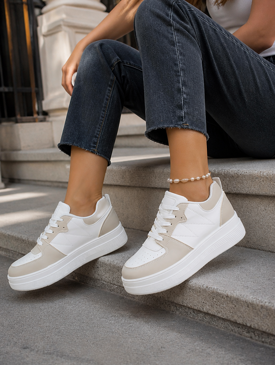 Stylische Khaki Damen Sneaker mit trendy Plateausohle; perfekter Freizeitschuh für moderne Frauen.