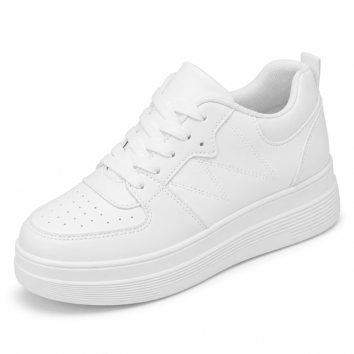 Damen Plateausneaker in Khaki an einem Fuß, der urbanen Stil und täglichen Komfort für Freizeitausflüge bietet.