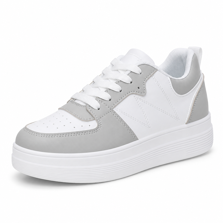 Verschiedene Farben der Damen Sneaker mit Plateausohle: Khaki, Grau, Weiß. Trendige Komfortschuhe für jede Frau.
