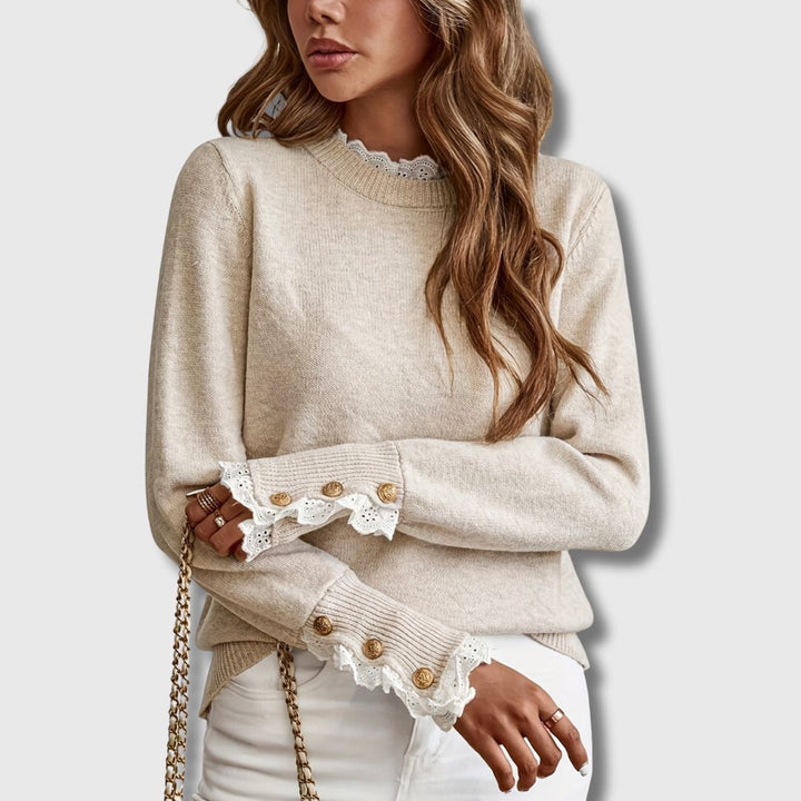 Modischer Damen-Langarmpullover Evee mit eleganter Spitze, vielseitig tragbar, für feminine Looks.