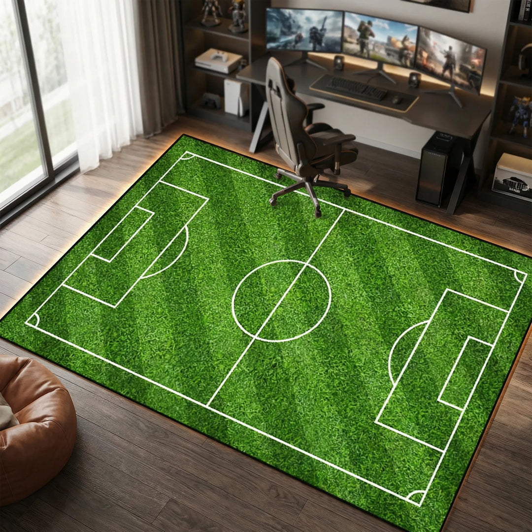 Grüner Fußballfeld Teppich für Kinderzimmer, ideal zum Spielen und als sportliche Dekoration.