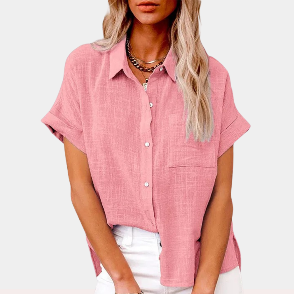 Damen Kurzarm Sommerbluse mit Knopfleiste, luftig und vielseitig für Freizeit und Alltag.