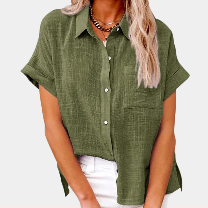 Modische Damenbluse kurzarm mit Knopfleiste und lockerem Schnitt, ideal für Sommer, Urlaub & Freizeit.