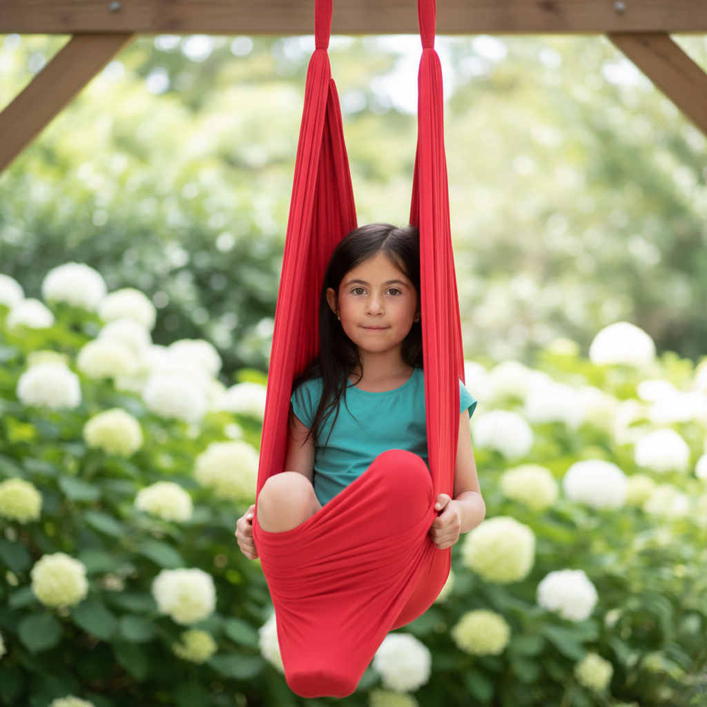 Blaue Therapieschaukel für Kinder, ideal zur sensorischen Integration und Entspannung im Kinderzimmer.