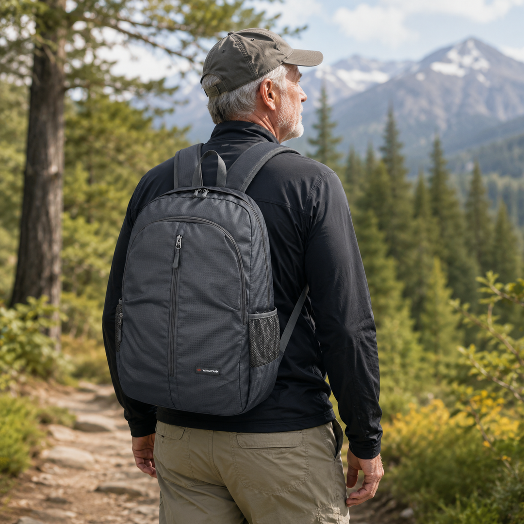 Kompakt faltbarer Reiserucksack, atmungsaktive Träger, ideal für leichte Gepäckreisen & Outdoor-Einsatz.