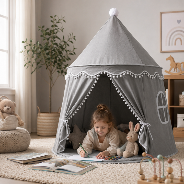 Spiel-Tipi Zelt für Kinder, fördert Rollenspiele & Kreativität, faltbares Zelt als gemütliches Spielhaus im Kinderzimmer.
