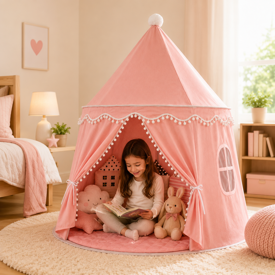 Kind spielt im faltbaren Spiel-Tipi Zelt; fantasievolles Spielhaus im Kinderzimmer; leicht transportierbar & aufzubauen. [[lstfy-media:13]]