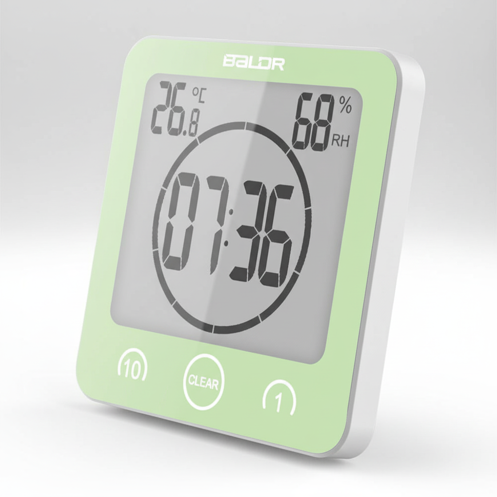 Hochwertiger digitaler Duschtimer mit Saugnapf, in modernem Design. Hilft Familien beim Wassersparen & Zeitmanagement.