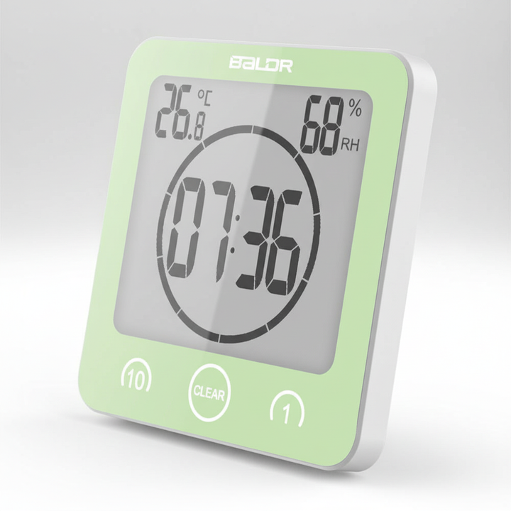 Hochwertiger digitaler Duschtimer mit Saugnapf, in modernem Design. Hilft Familien beim Wassersparen & Zeitmanagement.