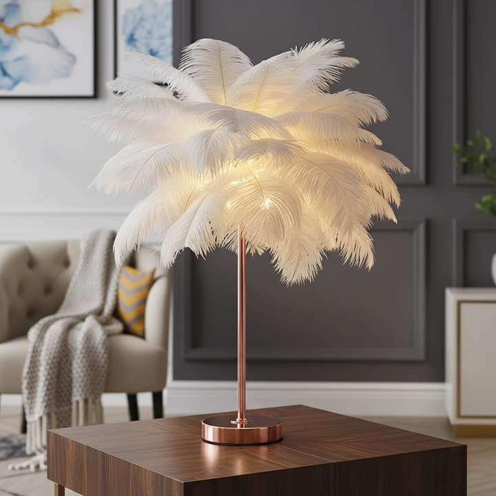 Luxuriöse Feder-Tischlampe Roségold mit weichem Licht für Wohn- & Schlafzimmer. Dimmbar für perfekte Ambientebeleuchtung.
