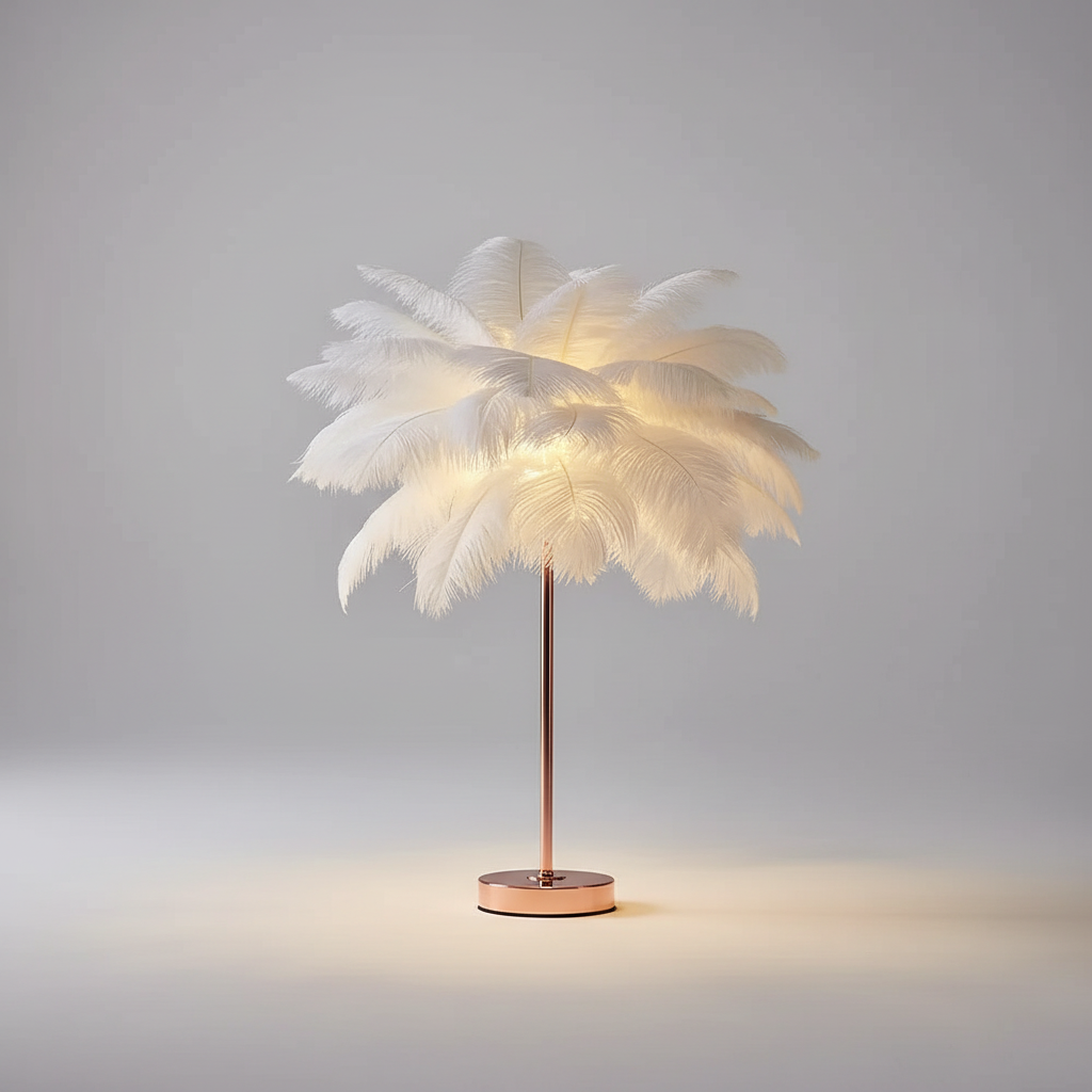 Dimmbare Feder-Tischlampe Roségold, perfekt für romantische Stimmung. Elegante Schlafzimmer- & Wohnzimmerlampe mit Luxus-Design.