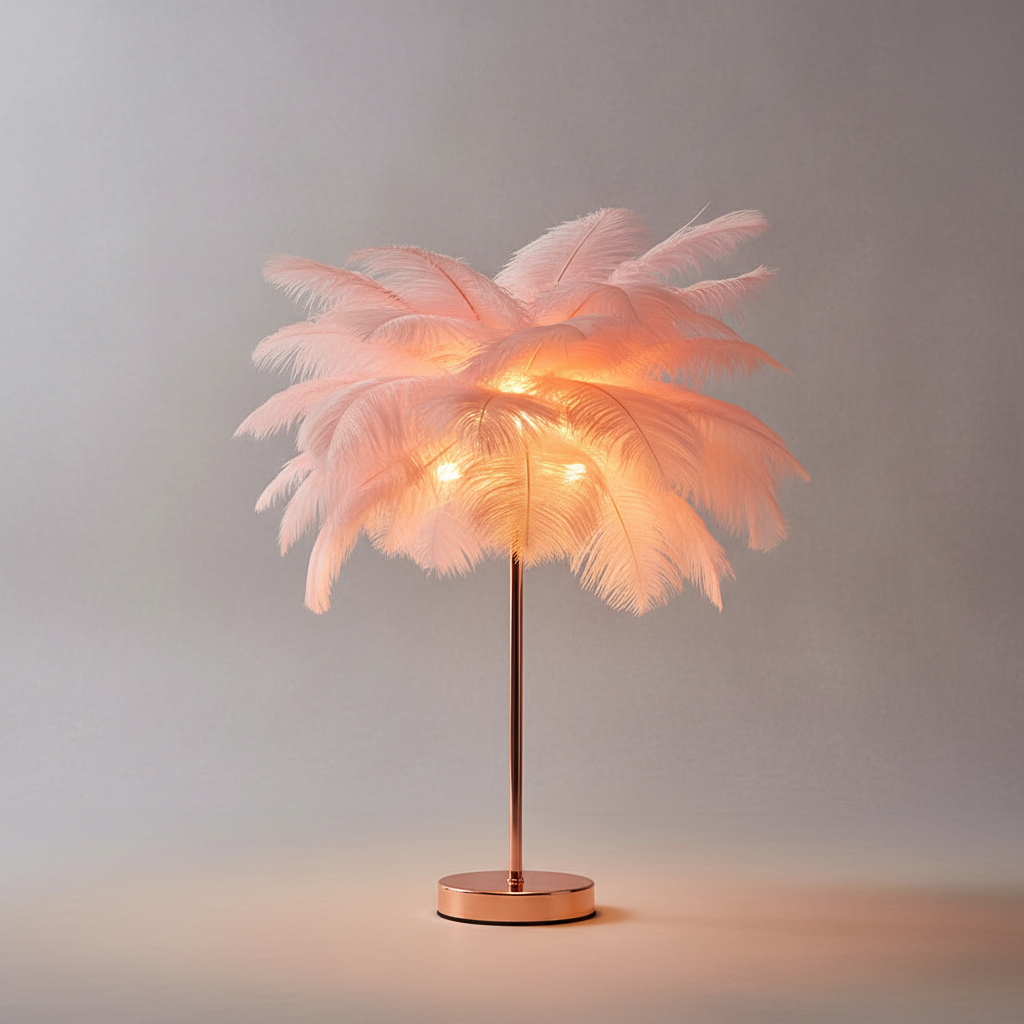 Stilvolle Feder-Tischlampe Roségold, Nahaufnahme der weichen Federn. Romantische Nachttischlampe für luxuriöses Schlafzimmer.