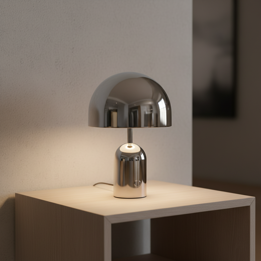 Mobile LED Tischlampe ChromeGleam aus poliertem Chrom, dimmbar, ideal für Wohnzimmer und Nachttisch.