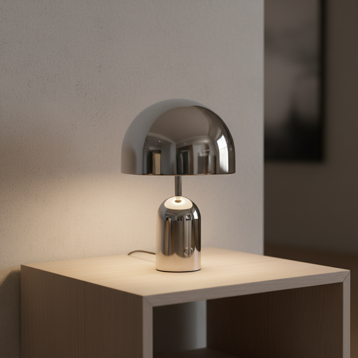 Mobile LED Tischlampe ChromeGleam aus poliertem Chrom, dimmbar, ideal für Wohnzimmer und Nachttisch.