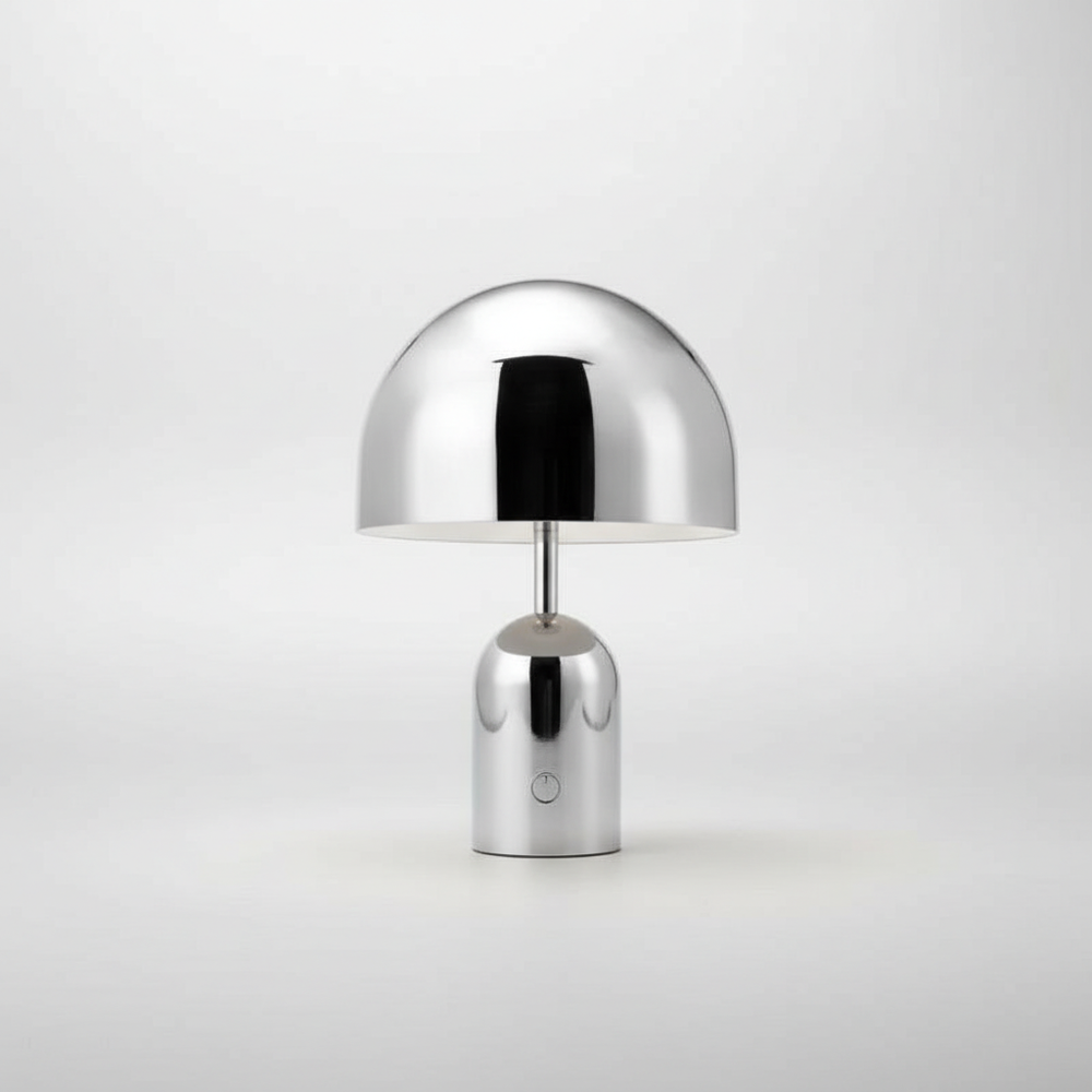 Elegante kabellose LED Tischlampe in poliertem Chrom, dimmbar, als Akku-Lampe für modernes Wohnen.