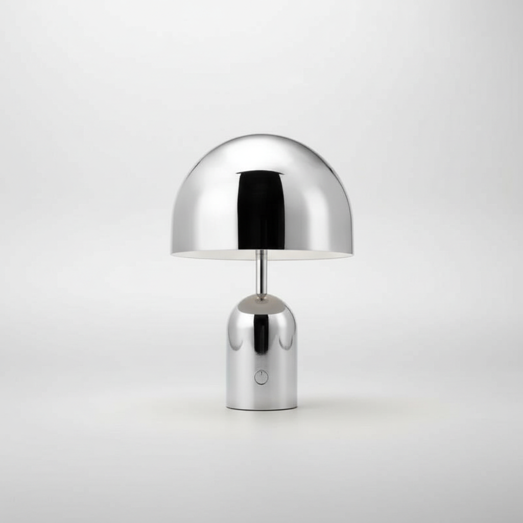 Elegante kabellose LED Tischlampe in poliertem Chrom, dimmbar, als Akku-Lampe für modernes Wohnen.