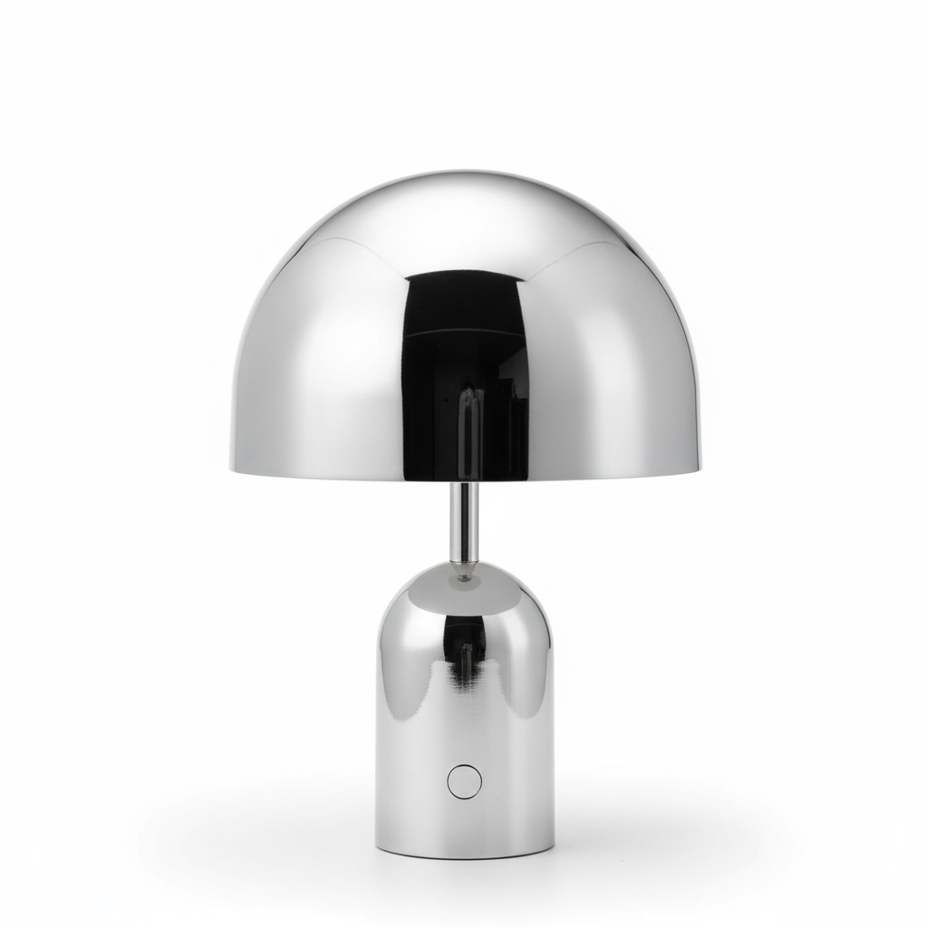 Moderne dimmbare LED Tischlampe in Chrom, Schwarz oder Gold, kabellos, vielseitig für Design-Beleuchtung.